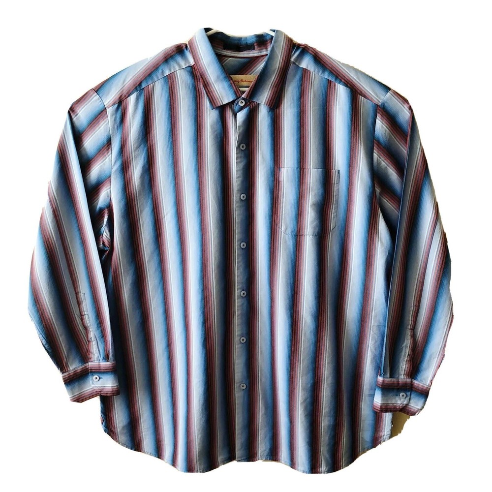 Tommy Bahama Cotton Blue Red Stripe Button Front Long Sleeve H9